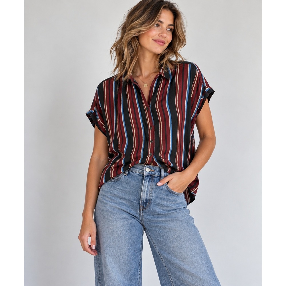 Madewell Women's Small Striped Oversized Button Down Shirt Burgundy Blue Black